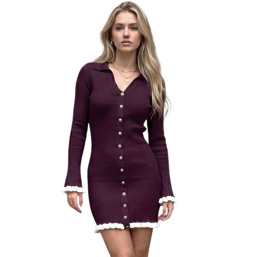 Women's Button Down V Neck Ruffle Trim Long Sleeve Knit Mini Dress Burgundy